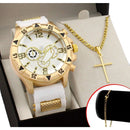 Conjunto Relogio Masculino Banhado a Ouro Original + Pingente + Colar com Cruz .