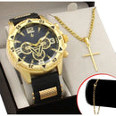 Conjunto Relogio Masculino Banhado a Ouro Original + Pingente + Colar com Cruz .