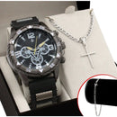 Conjunto Relogio Masculino Banhado a Ouro Original + Pingente + Colar com Cruz .