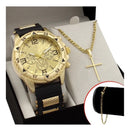 Conjunto Relogio Masculino Banhado a Ouro Original + Pingente + Colar com Cruz .