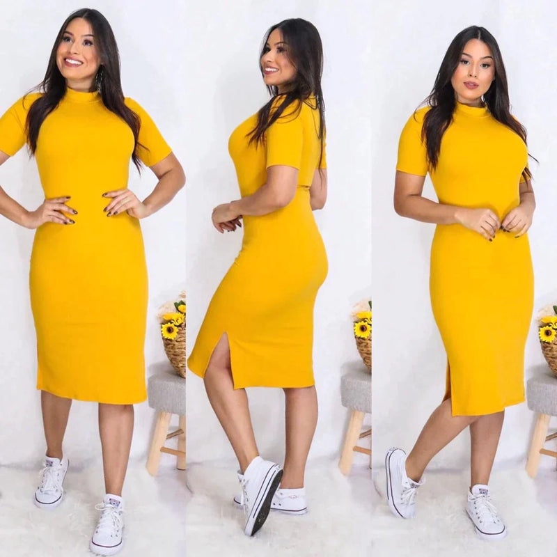 Vestido Feminino Midi Com Duas Fendas Laterais | Malha Canelada Evangélico