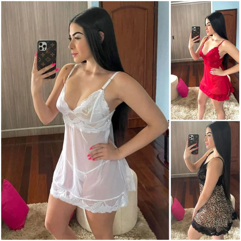 Camisola de Tule/Renda com Calcinha